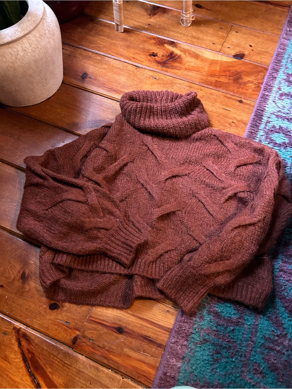 Madewell Cozy Cable-Knit Turtleneck Sweater - Brown/Dark Burgundy size medium